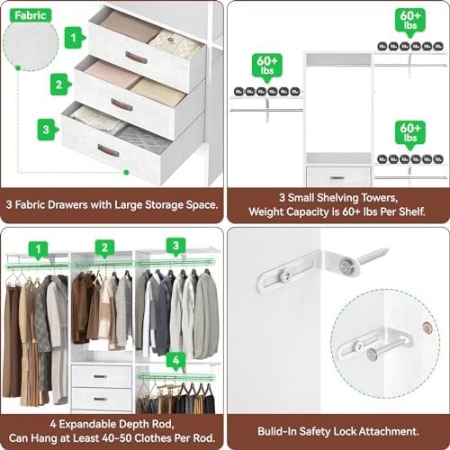 Armocity 5FT Small Closet System with 3 Fabric Drawers, 60 Inches Walk In Closet Organizer System With 3 Adjustable Shelves, Heavy Duty Clothes Rack Built-In Garment Rack, 59" L x 16" W x 71" H, White - Image 5