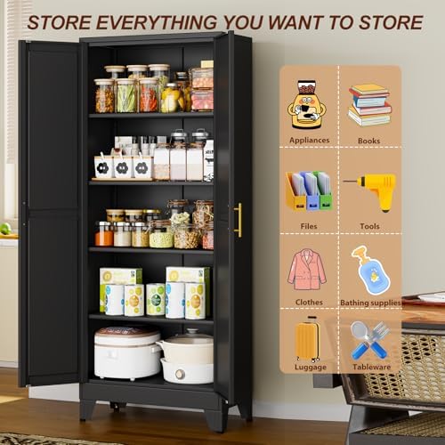71" Black Metal Storage Cabinet with 2 Doors and 4 Adjustable Shelves,Steel Garage Tool Cabinet, File Cabinet,Kitchen Pantry Cabinet for Home,Office,Garage,School,Warehouse - Image 6