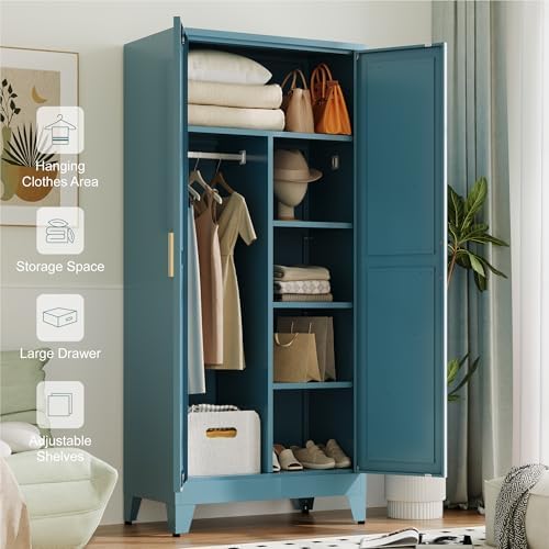 Baborokic 71" Armoire Wardrobe Closet with Hanging Rod,Metal Wardrobe Cabinet with Adjustable Shelves and Doors,Farmhouse Office Cabinets for Bedroom,Office,Laundry,Employee(Blue) - Image 5