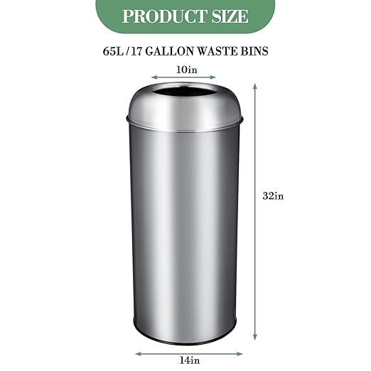 65L/17 Gallon Tall Commercial Trash Can, Large Capacity Brushed Stainless Steel - Image 2