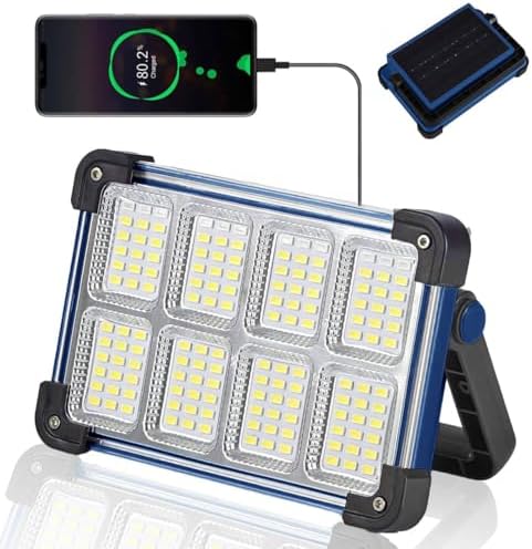 120W Solar Rechargeable Work Light, 144 LED Portable Flood Light with Stand, IP66 Waterproof 4 Modes LED Job Site Lighting Flashlights for Mechanic Camping Fishing Car Repair by YXQUA