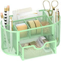 Mesh Desk Organizer with Drawer, 9-Compartment Pen Holder for Desk, Green by SUPEASY