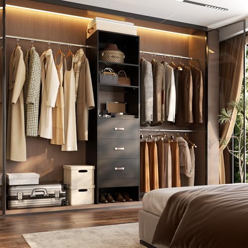 Besiost 96'' Closet Organizer System with 3 Hanging Rods, 8FT Closet Organizers and Storage with 3 Wooden Drawers, Built in Closet Organizer Systems, Adjustable Walk-in Wardrobe from 5-8FT, Black - Image 4
