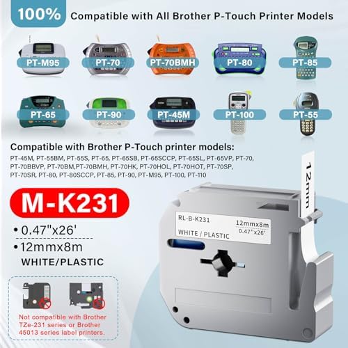 M-K231 Label Tape 12mm 0.47" Black on White Replace for MK231 PT-M95 M-231 M231 M-K231s PT-65 PT-80 PT-70 PT-45 PT-90 Label Makers, 7 Pack - Image 2