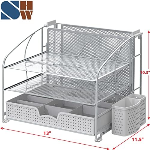 Simple Houseware 3-Tier Desk Organizer with Sliding Drawer, Silver - Image 2