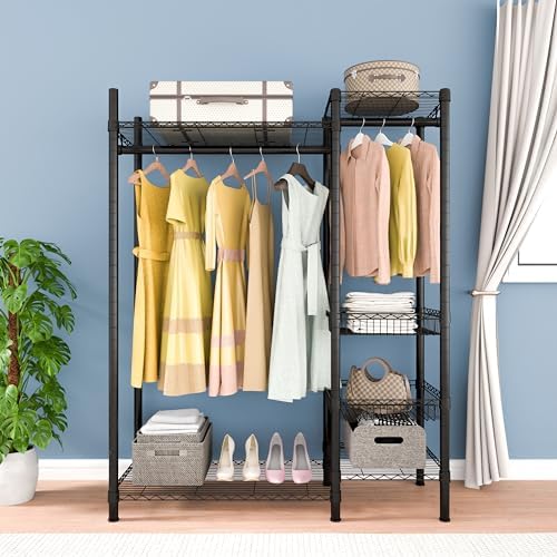Xiofio 6 Tiers Heavy Duty Clothes Rack,Metal Clothing Rack, Adjustable Clothing Rack with Hanging Rod and Wire Fixing Baskets,Max Load 600LBS,Black - Image 3