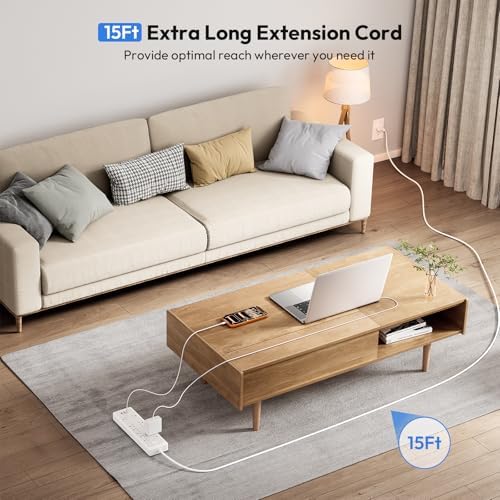 15 ft Extension Cord Flat Plug Power Strip, NTONPOWER 2100 Joules with 12 Outlet 3 USB Port, 1875W/15A, Overload Protection, Long Cord Wall Mountable for Home Office Accessories, White - Image 2