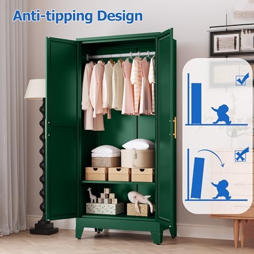 GAIOUS Metal Wardrobe Cabinet with Mirror and Hanging Rod, 71" Green - Image 6