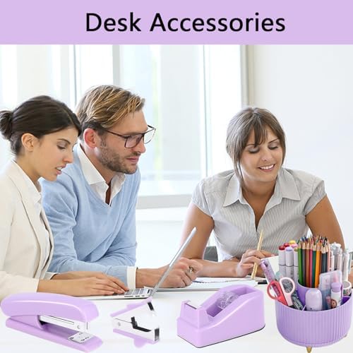 Office Supplies,Purple Desk Accessories,Office Supplies Set,Desk Organizer,Stapler,Tape Dispenser,Scissors,Staple Remover,Binder Clips,Staples,Ballpoint Pen,Index Tabs with Ruler,Clear Tape.10pcs - Image 7