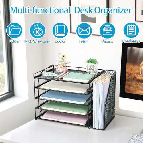 AUPSEN Desk Organizers and Accessories, 5-Tier Desktop Paper File Organizer with Removable File Holder, Desk Accessories & Workspace Organization for Home Office Supplies (Black) - Image 6