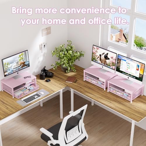 OPNICE Computer Monitor Stand Riser, Desk Organizer with Drawer, Printer & Laptop Stand, Office Desk Accessories & Workspace Desktop Organizers Storage for Office Supplies(Pink) - Image 6