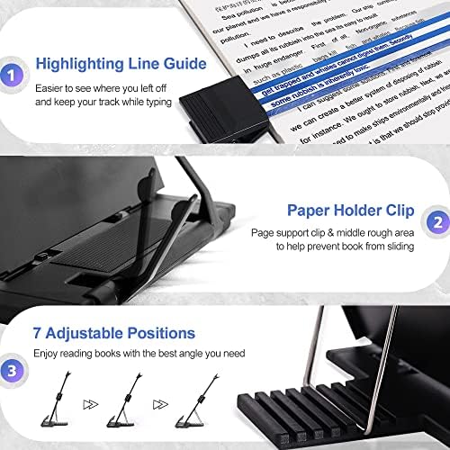 Desktop Document Holder Stand with 7 Adjustable Positions, Black Metal File Organizer Management Copyholder for Typing Speech Reading A4 Letter Music Book Tablet Office, with Paper Clip and Line Guide - Image 3