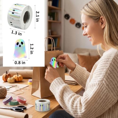 500Pcs Halloween Ghost Stickers Rolls,Holographic Cute Ghost Decals 1.2Inch - Image 2