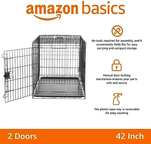 Amazon Basics Portable, Collapsible Metal Wire Dog Crate with Removable Tray, Double Door, Easy to Assemble, Divider Panel for Large Dogs, 42" x 28" x 30", Black - Image 2
