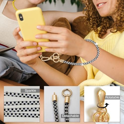 Phone Lanyard Crystal Phone Strap Crossbody, Black White - Image 5