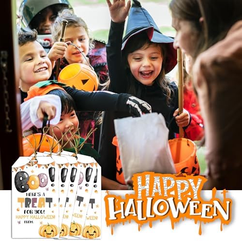 Halloween Paper Gift Tags with String-50Pcs, Here is A Treat for You Happy Halloween Tags for Goodie Bags, 2 x 3.5 Inch Writable Waterproof Hanging Labels for Decor Party Supplies, Gift Wrapping-B04 - Image 6