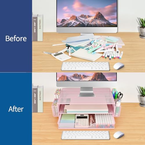 AUPSEN Computer Monitor Stands Riser，2-Tier Desk Organizers and Accessories, Office Desk Accessories Organizer with Drawers and 2 Pen Holder for Office Supplies (Pink) - Image 3