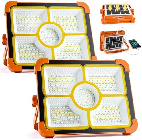 2-Pack Solar Rechargeable Work Light, 12000LM Portable Work Light with 12000mAh Battery, LED Flood Lights with 5 Modes, Outdoor Waterproof Job Site Lighting for Camping Repair Emergency Fishing by IlluminateYourWorld