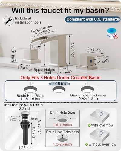 Waterfall Bathroom Faucet 3 Hole, Brushed Nickel 8 Inch 2 Handles - Image 6