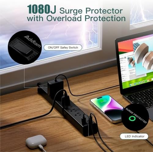 10ft Power Strip Surge Protector with 6 Outlets and 4 USB Ports - Image 3