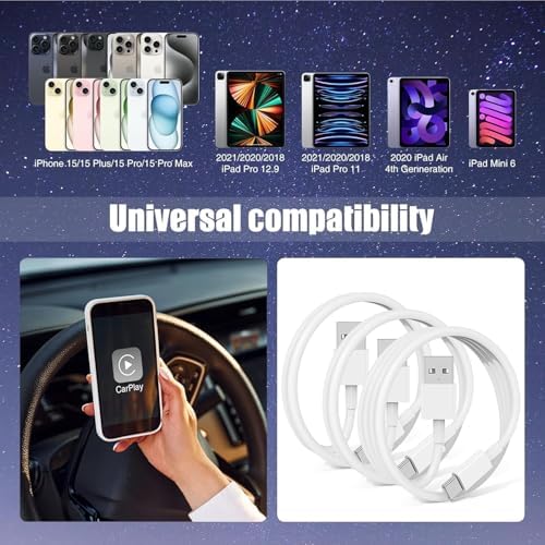 3-Pack [10FT+6FT+3.3FT] Car Carplay Cable USB A to USB C Cable for iPhone 16 15 Pro Plus Pro Max，for iPad Pro/Air/Mini，for Samsung Galaxy S25/S24/S23，for MacBook Pro/Air and More - Image 5