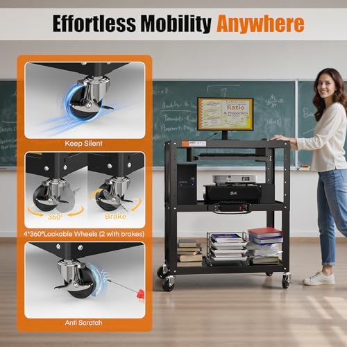 Extra-Large 3-Tier Utility Cart with Built-in Power Strip – Heavy-Duty 14-Gauge Steel Rolling Cart for Office, Workshop, or Classroom – 300 Lb Capacity (34" x 18" x 41.75") - Image 5