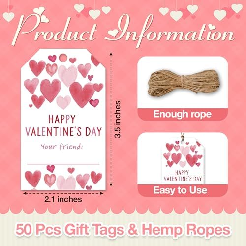 Valentine's Day Gift Tags, 50 Happy Valentine's Day Tags with String - Image 2