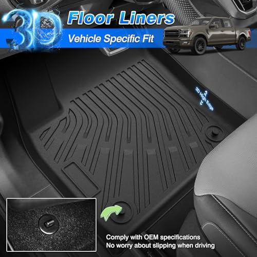 Cartist Floor Mats for 2015-2026 Ford F-150/2022-2026 F-150 Lightning/2017-2025 Raptor, All Weather Floor Liners for F-150 Accessories, Heavy Duty TPE Car Mats - Front Row Only - Image 3
