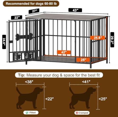 Easycom 43" Dog Crate Furniture Foldable, No Assembly Decorative Dog Kennel Indoor, XL Dog Crates for Large Dogs (60-80 lbs), Wooden Dog Cage with Adjustable Bowls and Name Tag, Oak Grey - Image 5