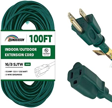 100FT Outdoor Extension Cord-16/3 SJTW Durable Green Extension Cable with 3 Prong Grounded Plug for Safety,Great for Outside Christmas Decorations by HONDERSON