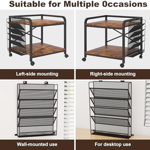 EasyCom 24"x20" Printer Stand with Storage, File Holder & Wheels, Brown - Image 6