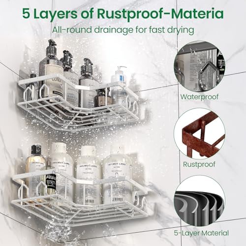 Adhesive Shower Caddy, 4 Pack Corner Bath Organizer, Rustproof Stainless Steel Shower Shelves with Large Capacity, No Drilling Shelves for Bathroom Storage, Home, Kitchen Décor (White). - Image 6