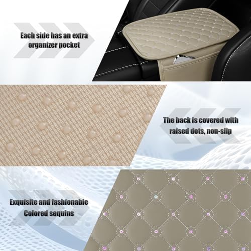 SINGARO Bling Center Console Arm Rest Cover for Car, Middle Console Armrest Storage Box Cover, Interior Bling Car Accessories for Women and Man Gifts Interior Sets (Beige) - Image 4