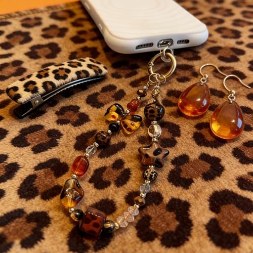 Leopard Beaded Phone Charm, Cute Star & Bow Phone Wrist Strap - Image 3