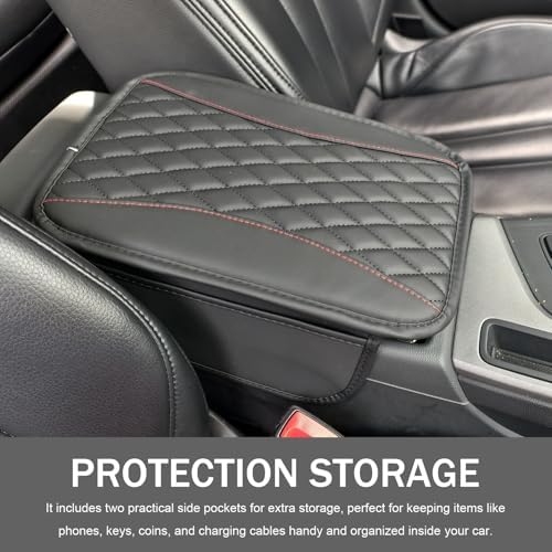 Car Center Console Cover, Patchwork Leather Armrest Cover Cushion with 2 Storage Bag, Waterproof Comfortable Auto Arm Rest Pad, Universal Center Console Protector for Sedan, SUV (Black) - Image 3