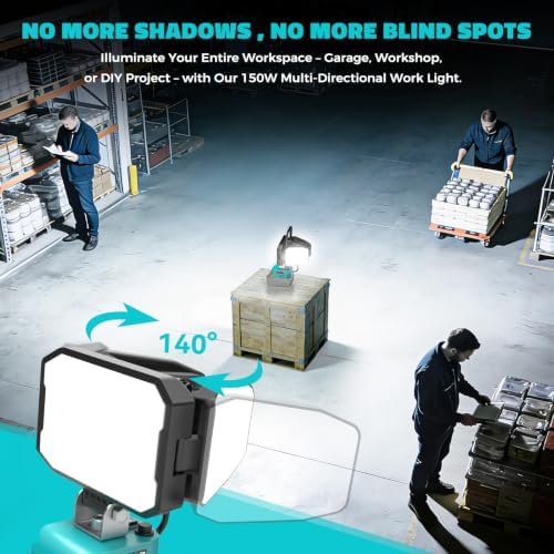 LED Work Light Compatible with MaKita 18V Battery, 150W 15000LM Flood Light, 6500K Daylight 3-Head Adjustable, USB Type-C&2 Brightness Modes Portable Flashlight Job Site Light (Tool Only) - Image 7