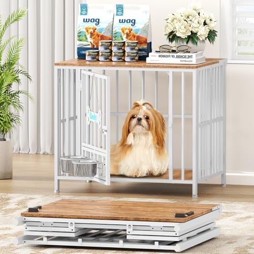 Easycom 27" Foldable Dog Crate Furniture, No Assembly, White & Beech by EasyCom
