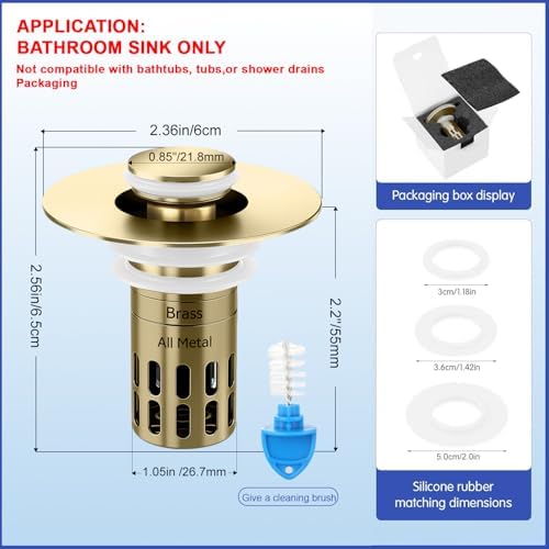 (All Metal) Bathroom Sink Stopper, Pop Up Drain Strainer for Bathroom Sink, Sink Plug Hair Catcher, Silent Popper Core w/Removable Filter Basket,Fit 1.05~2.0''Basin (Gold, 2 Pack) - Image 2