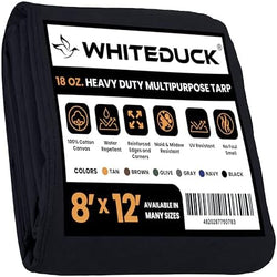 WHITEDUCK Canvas Tarp 18 oz. Heavy Duty Water Repellent UV Resistant, Rustproof Grommets, Industrial & Commercial Use Cloth Tarp (Cut Size: 8'x12', Finished Size: 7'6"x11'6", Black) by WHITEDUCK