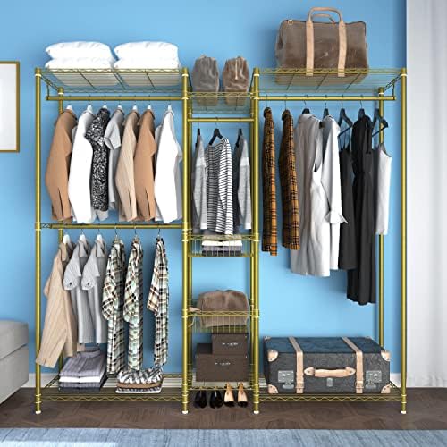 Xiofio 6 Tiers Heavy Duty Clothes Rack, Metal Clothing Rack,Clothing Storage Organizer,Garment Rack with Basket,Hanging Adjustable Garment Rack,65.0" L x 15.7" W x 76.0" H,Max Load 800LBS,Gold - Image 2