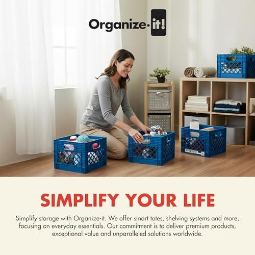 ORGANIZE-IT! 4 Pack Storage Milk Crate, Heavy Duty Versatile Box Organizers with Easy-Grip Handles, Interior 12.25"L x 12.25"W x 10.5"H, Blue - Image 5