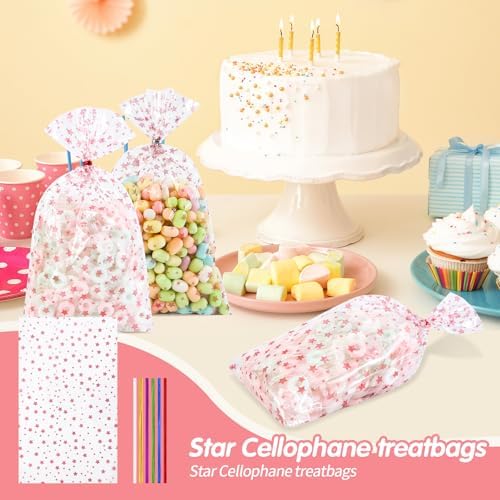 COQOFA 100 Pcs 7X12" Cello Cellophane Gift Treat Bags Party Favor bags Clear Candy Cookie Bags Plastic Poly Goodie Storage Bags with Twist Ties for Wedding Birthday Party Valentines Day Supplies Rose - Image 4