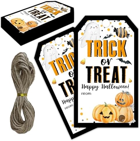 Halloween Paper Gift Tags with String-50Pcs,Trick Or Treat for You Happy Halloween Tags for Goodie Bags, 2 x 3.5 Inch Writable Waterproof Hanging Labels for Decor Party Supplies, Gift Wrapping-B05 by RPLCSPC