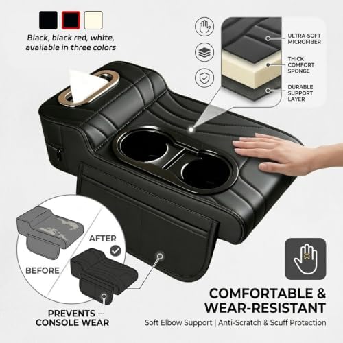 Car Center Console Cover, Microfiber Leather Armrest Cushion Black - Image 5