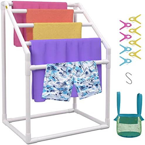 VEVOR Pool Towel Rack, 5 Bar, White, Freestanding Outdoor PVC Trapedozal Poolside Storage Organizer, Include 8 Towel Clips, Mesh Bag, Hook, Also Stores Floats and Paddles, for Beach, Swimming Pool by VEVOR
