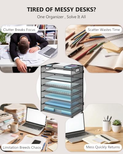 WALI Desk File Organizer, 8 Tier Desktop Paper Letter Tray Organizer with Handle, Office Desk Accessories & Workspace Organizers for Office, Home, School Supplies, 1 Pack, Black - Image 2
