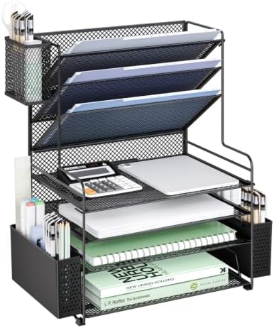 WALI Desk File Organizer, 7 Tier Desktop Paper Letter Tray Organizer with Drawer and 3 Pen Holders, Office Desk Accessories & Workspace Organizers for Office, Home, School Supplies, 1 Pack, Black by WALI