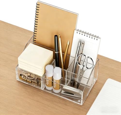 HBlife Acrylic Desk Organizer with Drawer, Pen & Pencil Holder, Multifunctional Desktop Caddy for Office Supply and Organization (Clear, 2 Pack) - Image 5