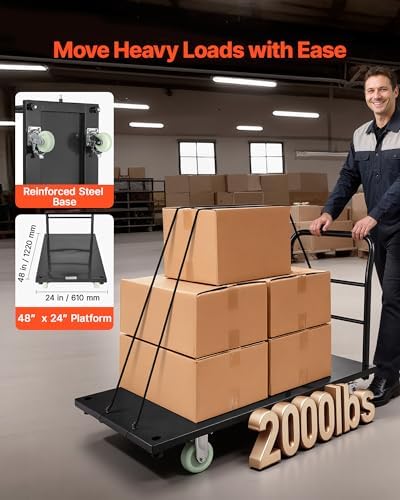 VEVOR Heavy Duty Platform Truck, 2000 LBS Industrial Steel Flatbed Cart with 360° Swivel Wheels, Platform Push Cart Dolly, Easy Storage for Warehouse/Garage/Moving/Garden (48" x 24" x 32") - Image 2
