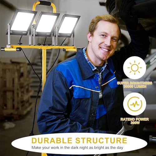 30000 Lumen Work Lights with Stand, 3 Adjustable Head LED Work Light, with Adjustable and Foldable Tripod Stand, Waterproof Lamp with 6500 Kelvin Color Temperature - Image 5
